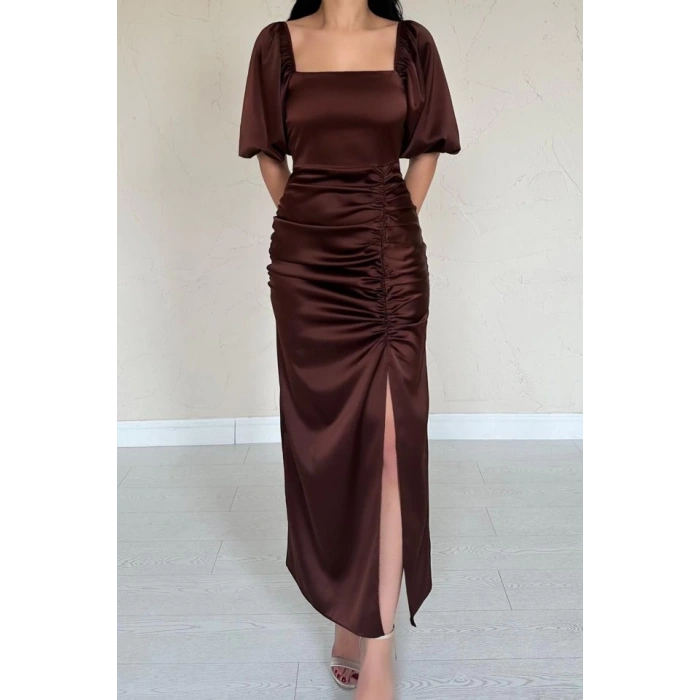 Kahverengi Büzgülü Saten Elbise