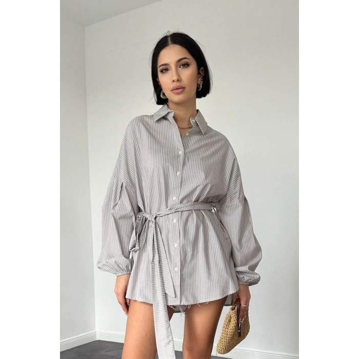 Kahverengi Çizgili Poplin Kuşaklı Gömlek