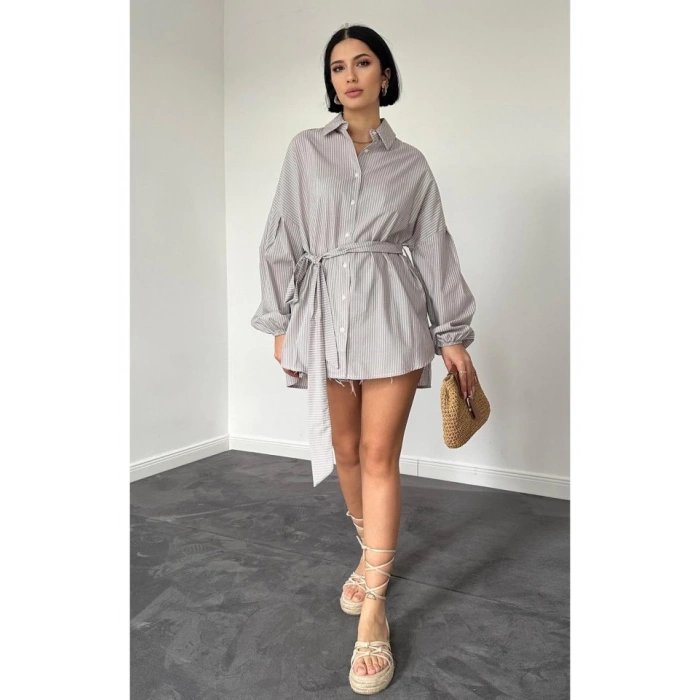 Kahverengi Çizgili Poplin Kuşaklı Gömlek