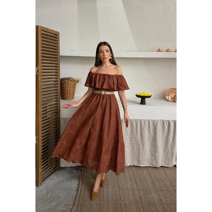 Kahverengi Omzu Lastikli Brode Elbise