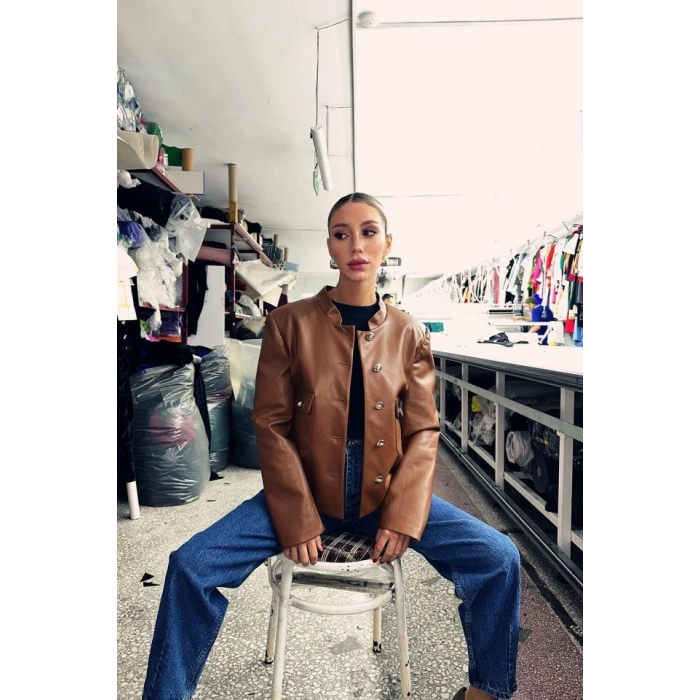 Kahverengi Önü Düğme Kapamalı Deri Ceket