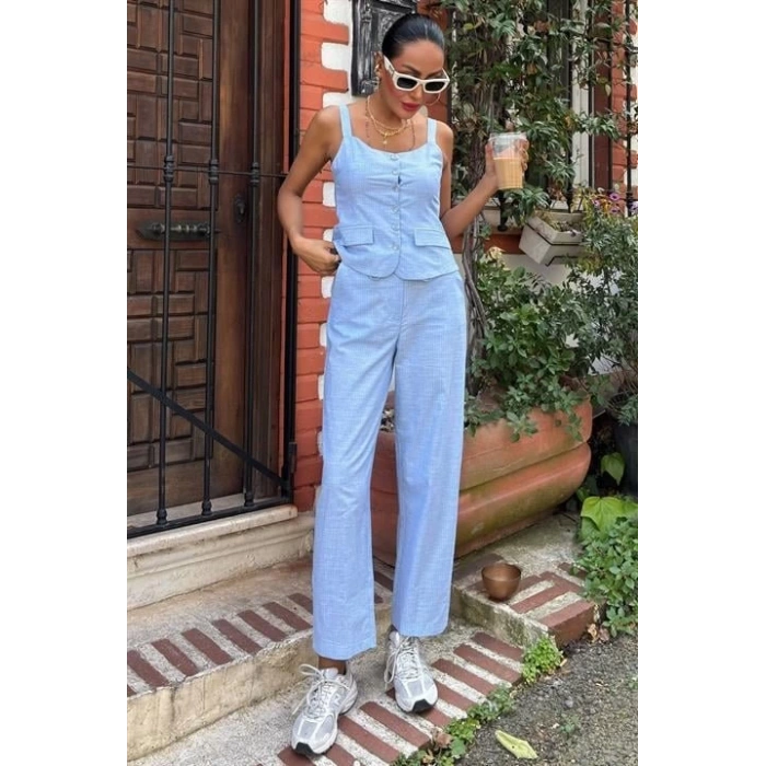 Kalın Askılı Bluz Pantolon Keten Takım 10187