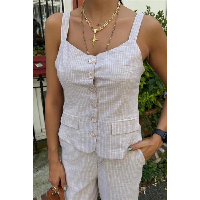 Kalın Askılı Bluz Pantolon Keten Takım 10187