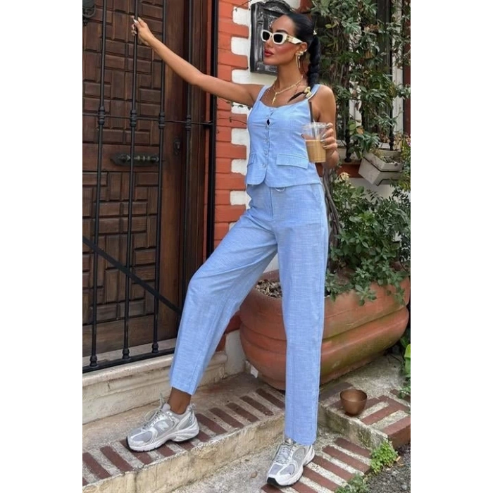 Kalın Askılı Bluz Pantolon Keten Takım 10187