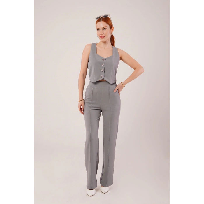 Kalın Askılı Düğmeli Yelek Ve Pantolon Gri Takım
