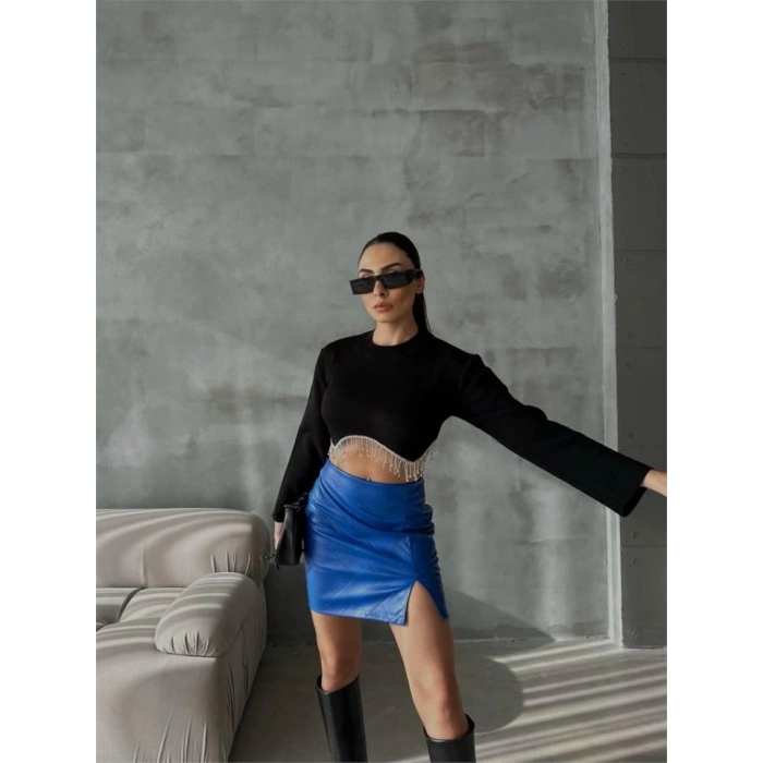 KAPİTONE DERİ ETEK YIRTMAÇLI - Saks