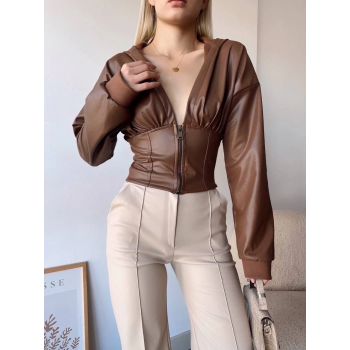 Kapşonlu yarım fermuarlı ceket kahve h24116