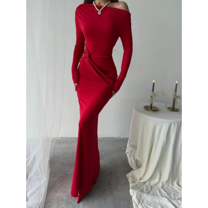 Kayık Yaka Uzun Kurdele Elbise