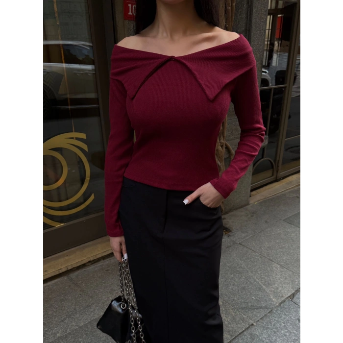 Kelebek yaka uzun kol bluz bordo