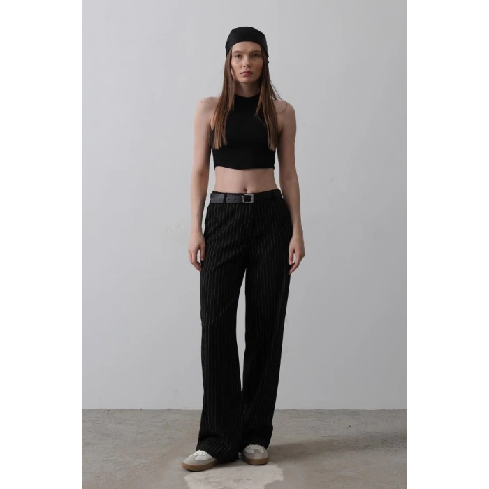 Kemerli Palazzo Pantolon - Siyah-Beyaz