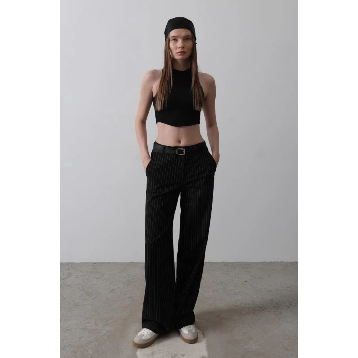 Kemerli Palazzo Pantolon - Siyah-Beyaz