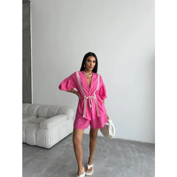 KETEN BEL BÜZGÜLÜ BLUZ-PANTOLON TAKIM - Fuşya