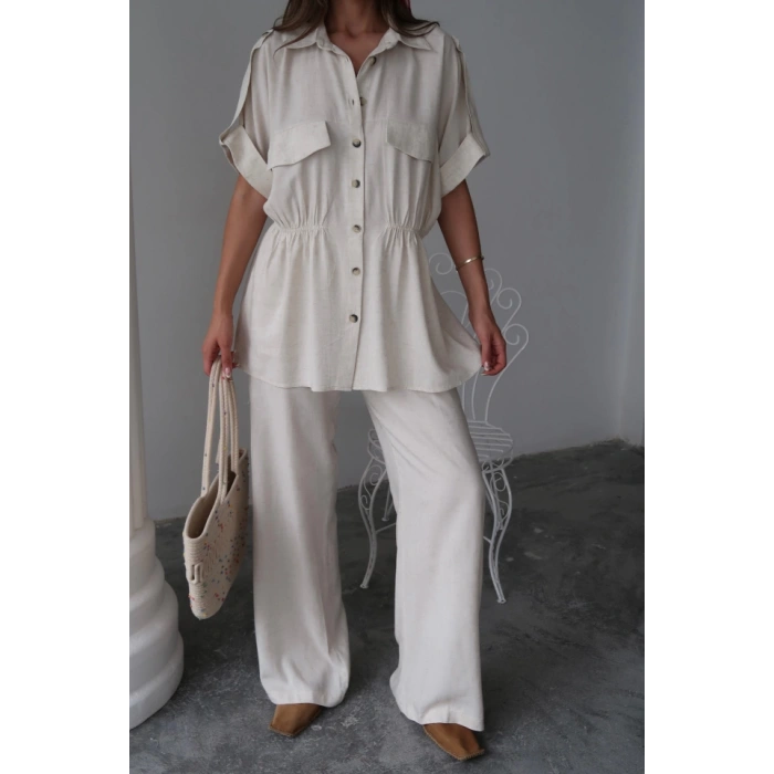 KETEN BELDEN BÜZGÜ DETAYLI GÖMLEK - PANTOLON TAKIM - Taş