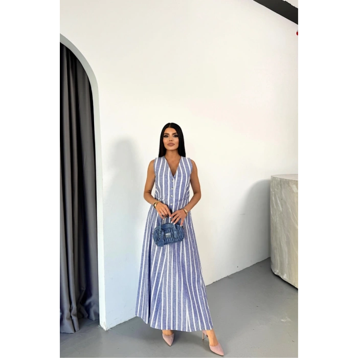 KETEN ÇİZGİLİ YELEK - UZUN ETEK TAKIM - Mavi