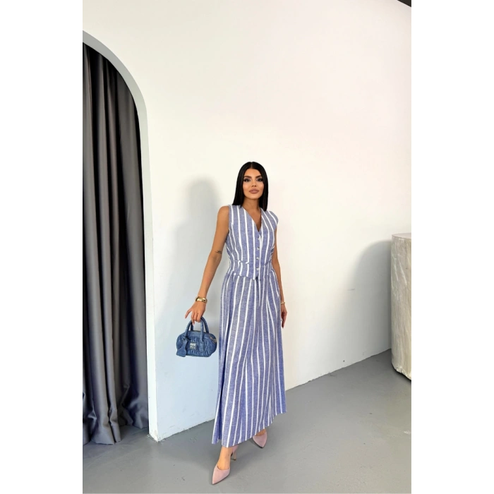 KETEN ÇİZGİLİ YELEK - UZUN ETEK TAKIM - Mavi