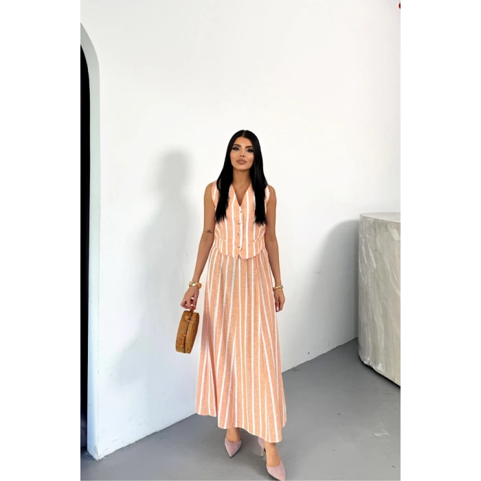 KETEN ÇİZGİLİ YELEK - UZUN ETEK TAKIM - Orange