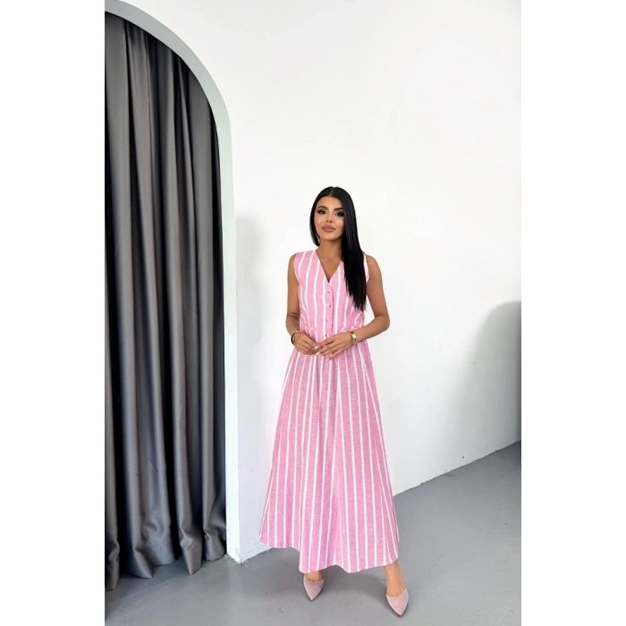 KETEN ÇİZGİLİ YELEK - UZUN ETEK TAKIM - Pembe