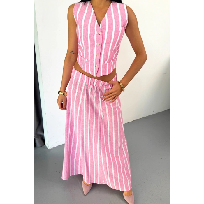 KETEN ÇİZGİLİ YELEK - UZUN ETEK TAKIM - Pembe
