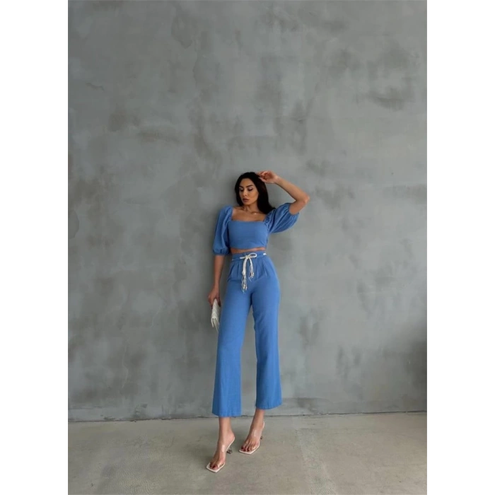 KETEN CROP KARPUZ KOL BLUZ-PANTOLON HASIR KEMERLİ - Mavi