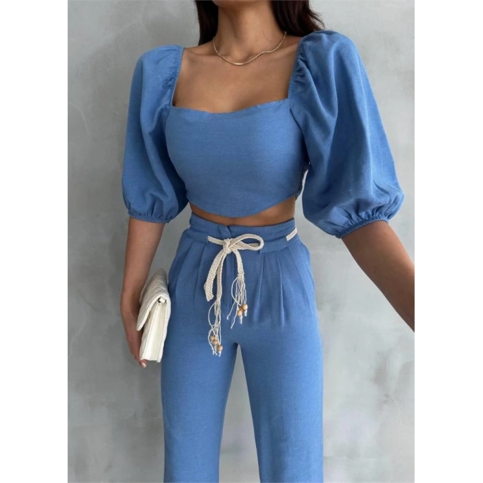KETEN CROP KARPUZ KOL BLUZ-PANTOLON HASIR KEMERLİ - Mavi