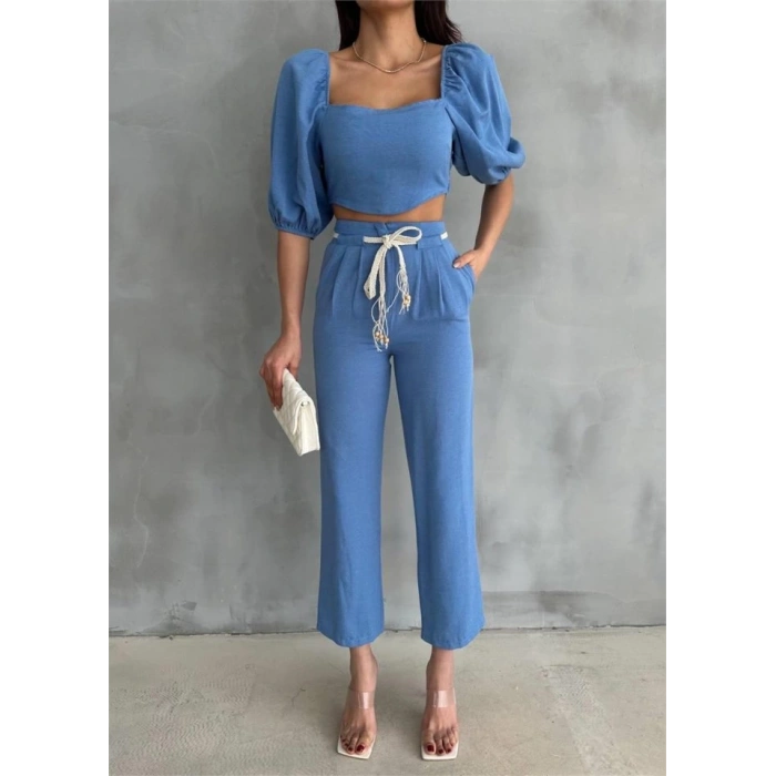 KETEN CROP KARPUZ KOL BLUZ-PANTOLON HASIR KEMERLİ - Mavi