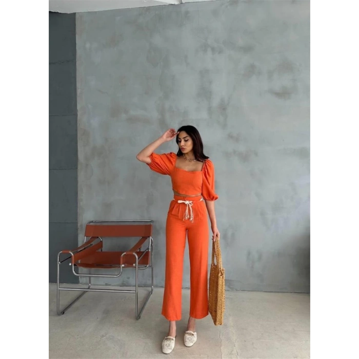 KETEN CROP KARPUZ KOL BLUZ-PANTOLON HASIR KEMERLİ - Orange