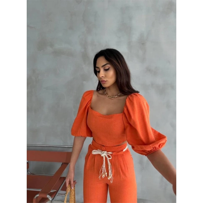 KETEN CROP KARPUZ KOL BLUZ-PANTOLON HASIR KEMERLİ - Orange