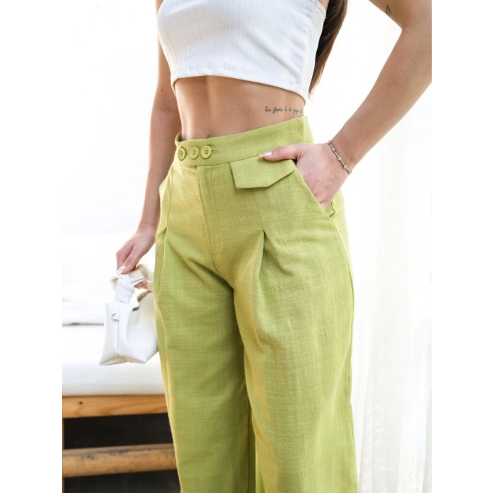 Keten Düğme Detayli Dökümlü Palazzo Pantolon