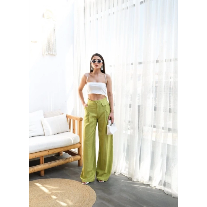 Keten Düğme Detayli Dökümlü Palazzo Pantolon