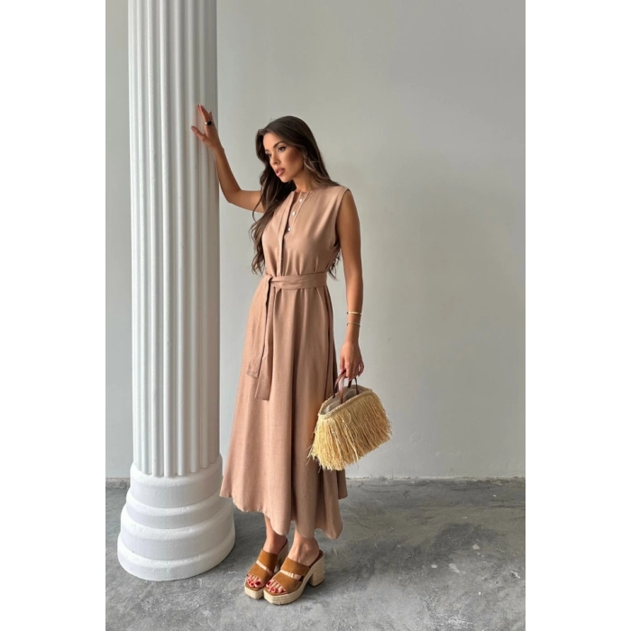 KETEN ELBİSE KOLSUZ BEL BAĞLAMALI MAXİ ELBİSE - Kahverengi
