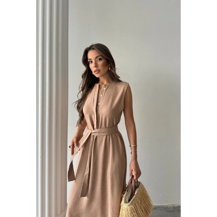 KETEN ELBİSE KOLSUZ BEL BAĞLAMALI MAXİ ELBİSE - Kahverengi