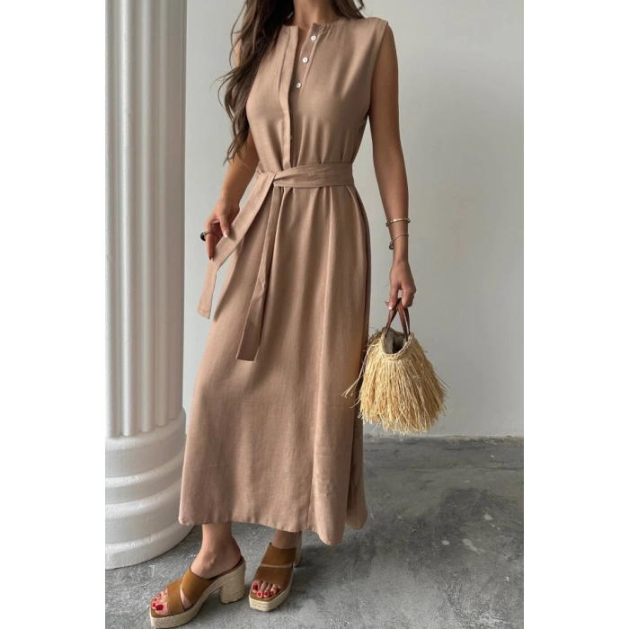 KETEN ELBİSE KOLSUZ BEL BAĞLAMALI MAXİ ELBİSE - Kahverengi