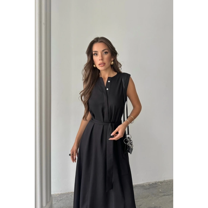 KETEN ELBİSE KOLSUZ BEL BAĞLAMALI MAXİ ELBİSE - Siyah