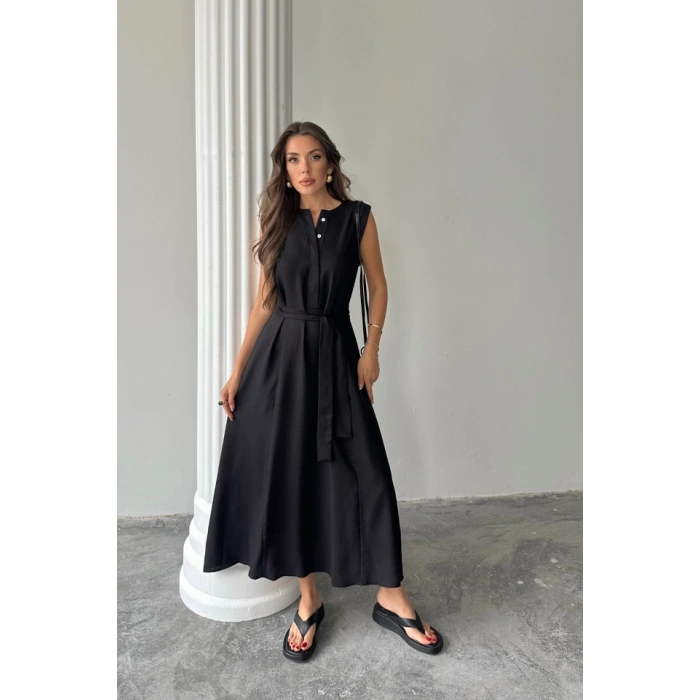 KETEN ELBİSE KOLSUZ BEL BAĞLAMALI MAXİ ELBİSE - Siyah