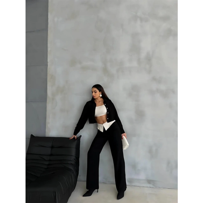 KETEN GÖMLEK-CROP-SALAŞ PANTOLON TAKIM - Siyah