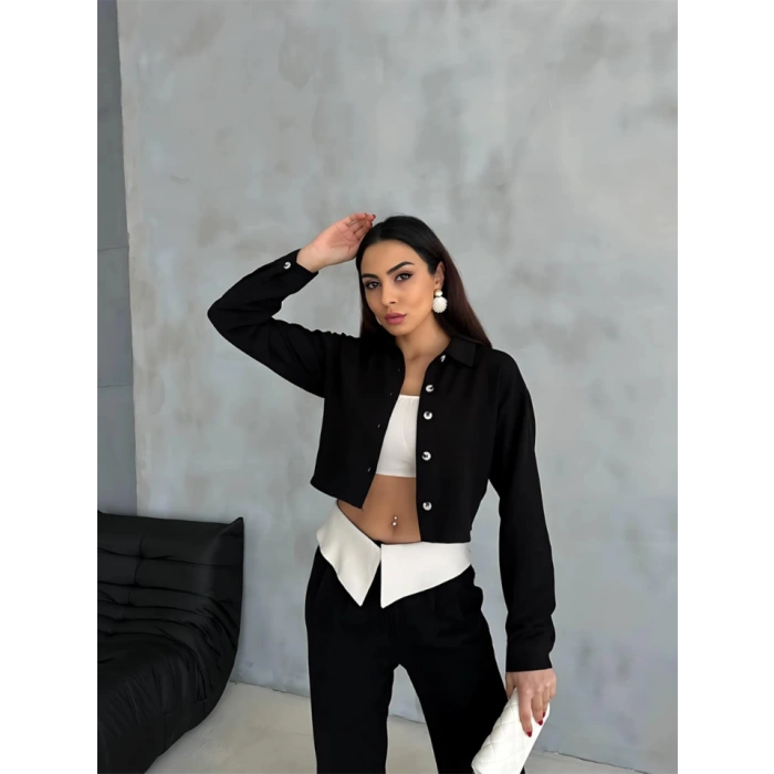 KETEN GÖMLEK-CROP-SALAŞ PANTOLON TAKIM - Siyah