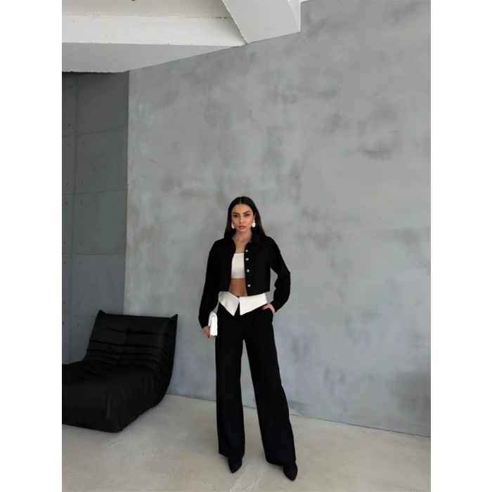 KETEN GÖMLEK-CROP-SALAŞ PANTOLON TAKIM - Siyah