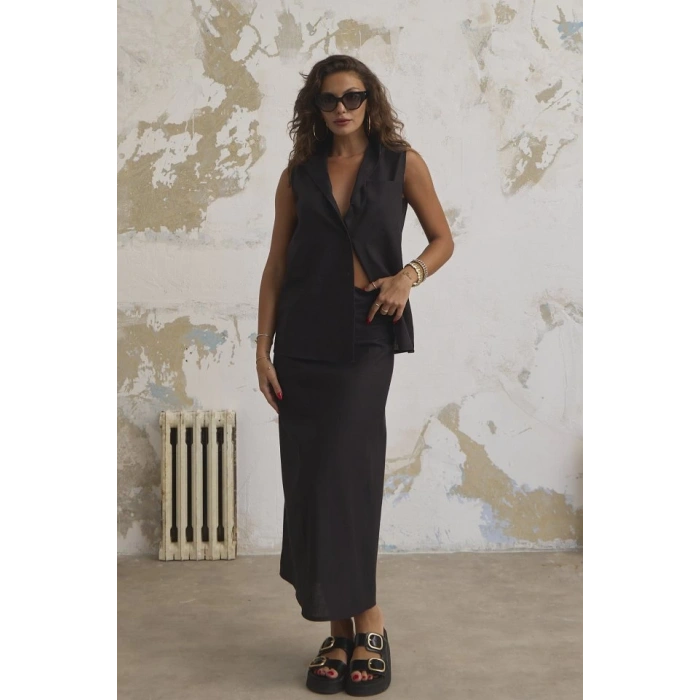 Keten Haki̇m Yaka Kolsuz Gömlek Etek Takim