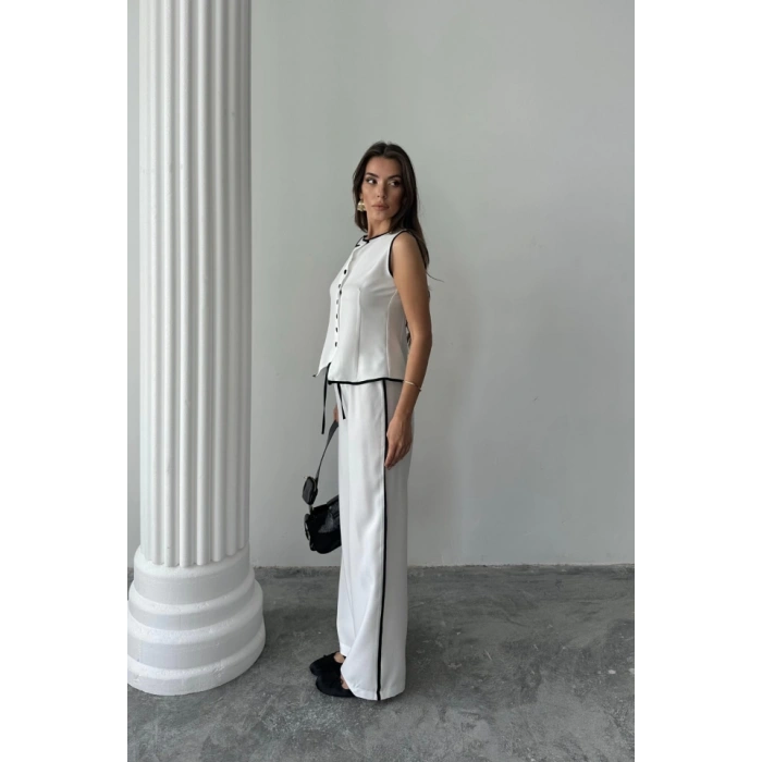 KETEN KENARLARI BİYELİ YELEK - PANTOLON TAKIM - Beyaz