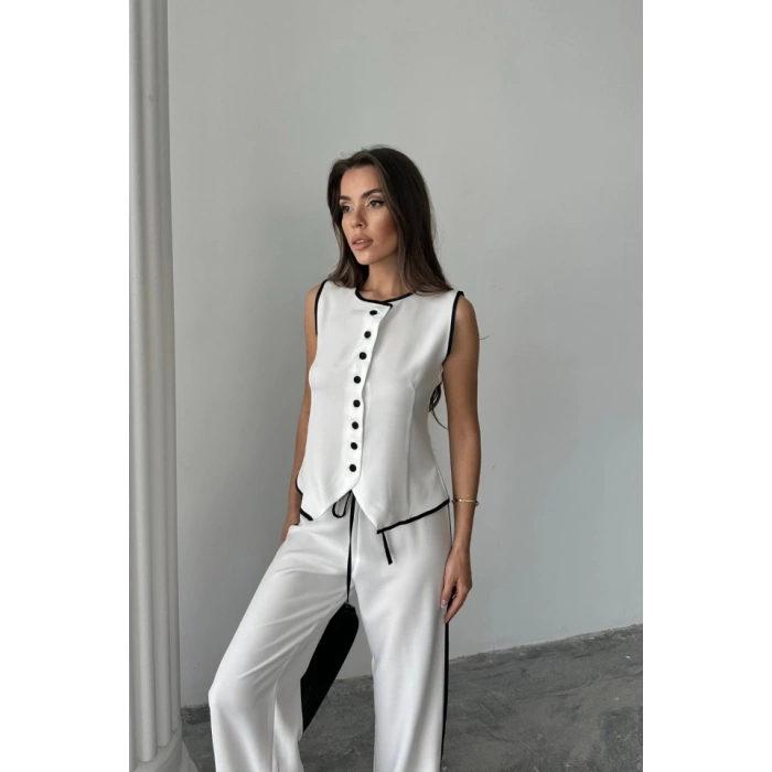 KETEN KENARLARI BİYELİ YELEK - PANTOLON TAKIM - Beyaz