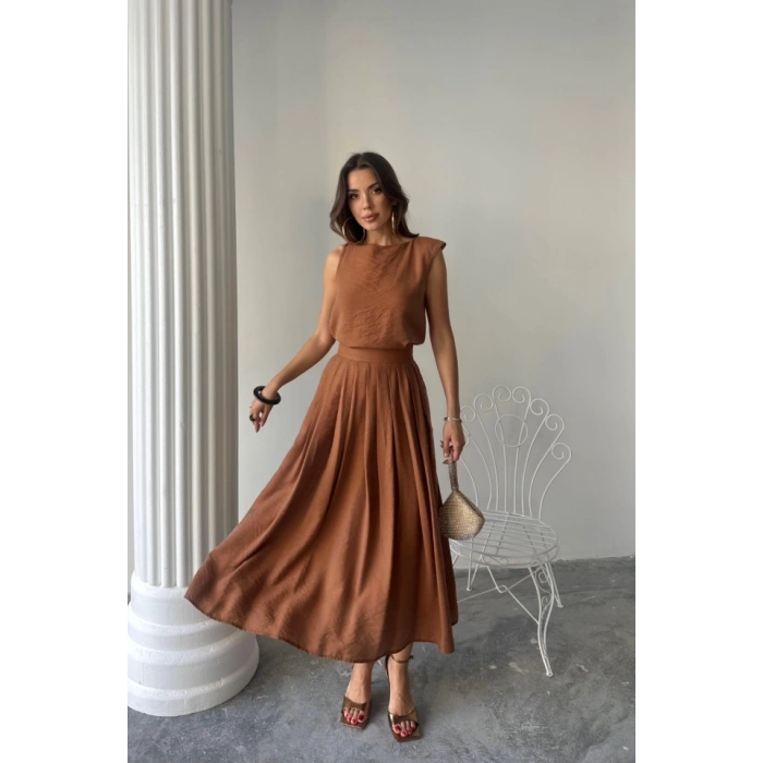 KETEN KOLSUZ BLUZ - MAXİ ETEK TAKIM - Kahverengi