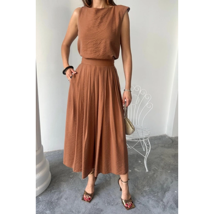KETEN KOLSUZ BLUZ - MAXİ ETEK TAKIM - Kahverengi