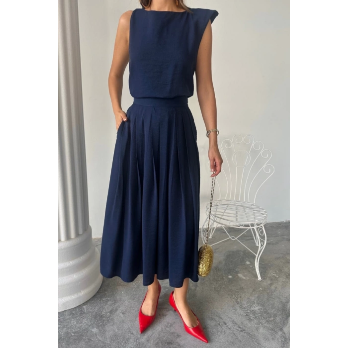 KETEN KOLSUZ BLUZ - MAXİ ETEK TAKIM - Lacivert