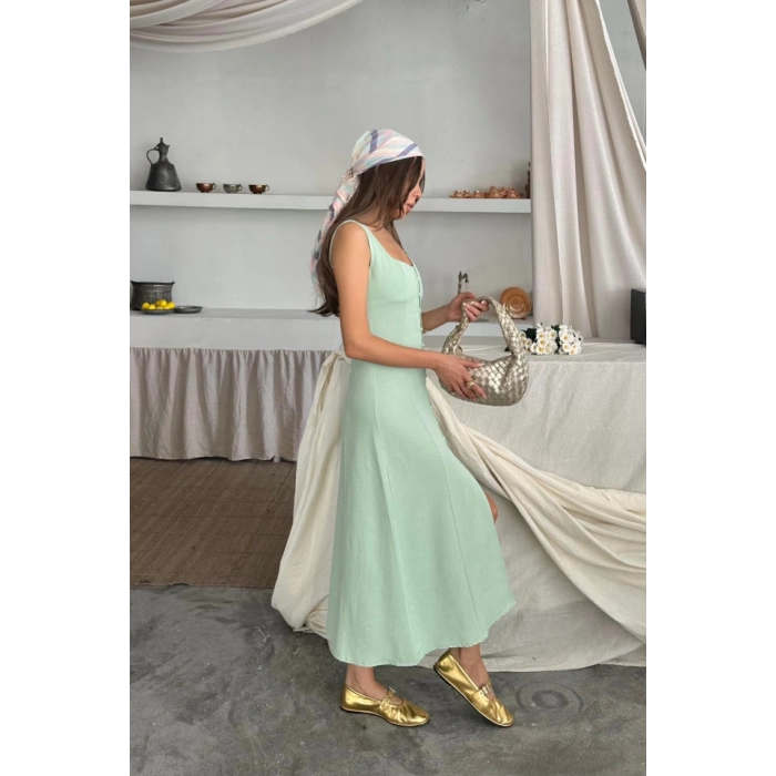 KETEN KOLSUZ KARE YAKA DÜĞME DETAYLI ELBİSE - Mint