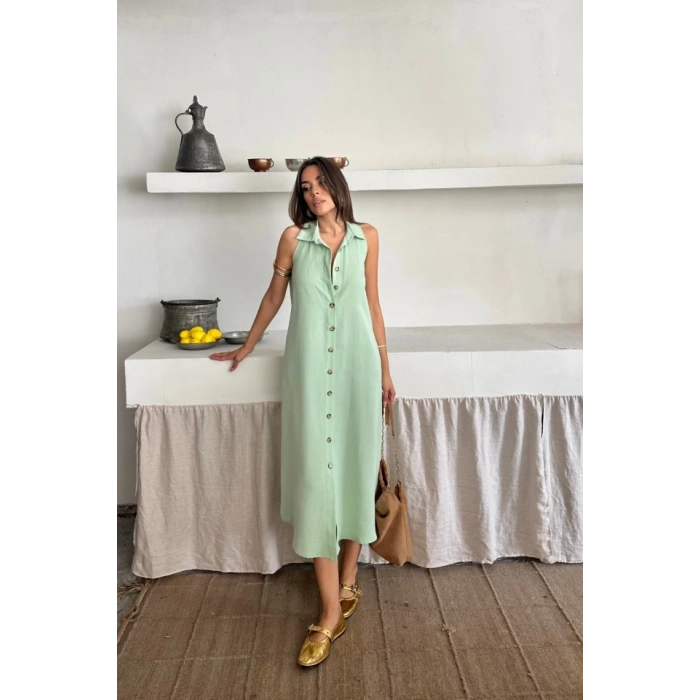 KETEN ÖNDEN DÜĞMELİ KOLSUZ GÖMLEK YAKA ELBİSE - Mint