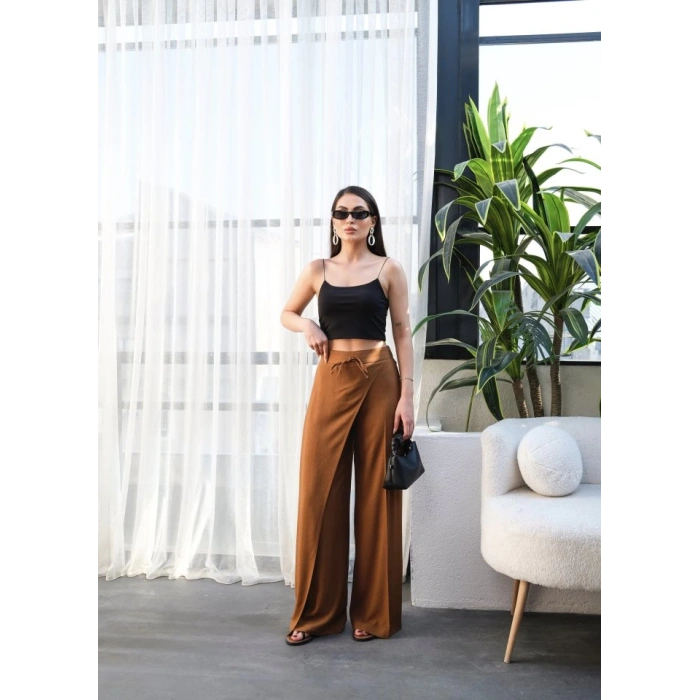 Keten Önü Çapraz Parçali Lasti̇kli̇ Ve Bağcikli Geni̇ş Paça Pantolon