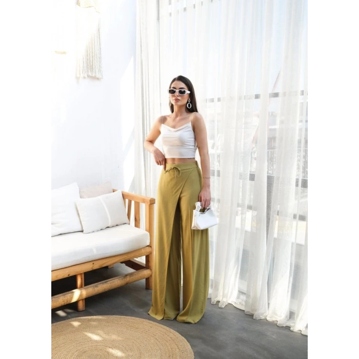 Keten Önü Çapraz Parçali Lasti̇kli̇ Ve Bağcikli Geni̇ş Paça Pantolon