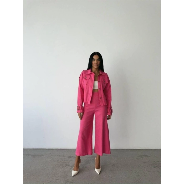 KETEN PÜSKÜL DETAYLI GÖMLEK-PANTOLON TAKIM - Fuşya