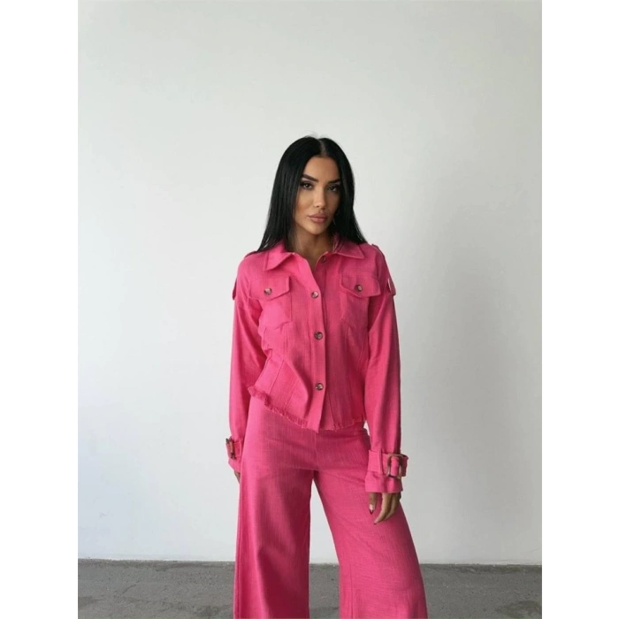 KETEN PÜSKÜL DETAYLI GÖMLEK-PANTOLON TAKIM - Fuşya