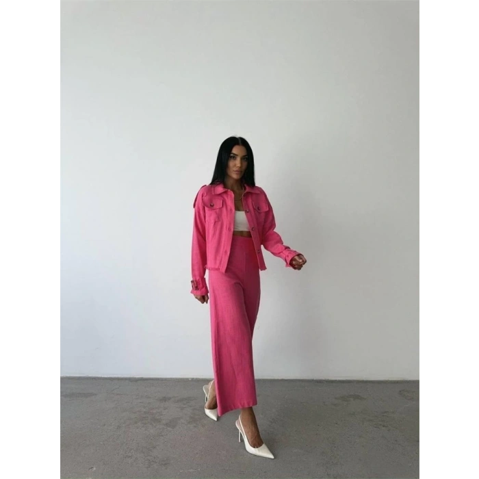 KETEN PÜSKÜL DETAYLI GÖMLEK-PANTOLON TAKIM - Fuşya